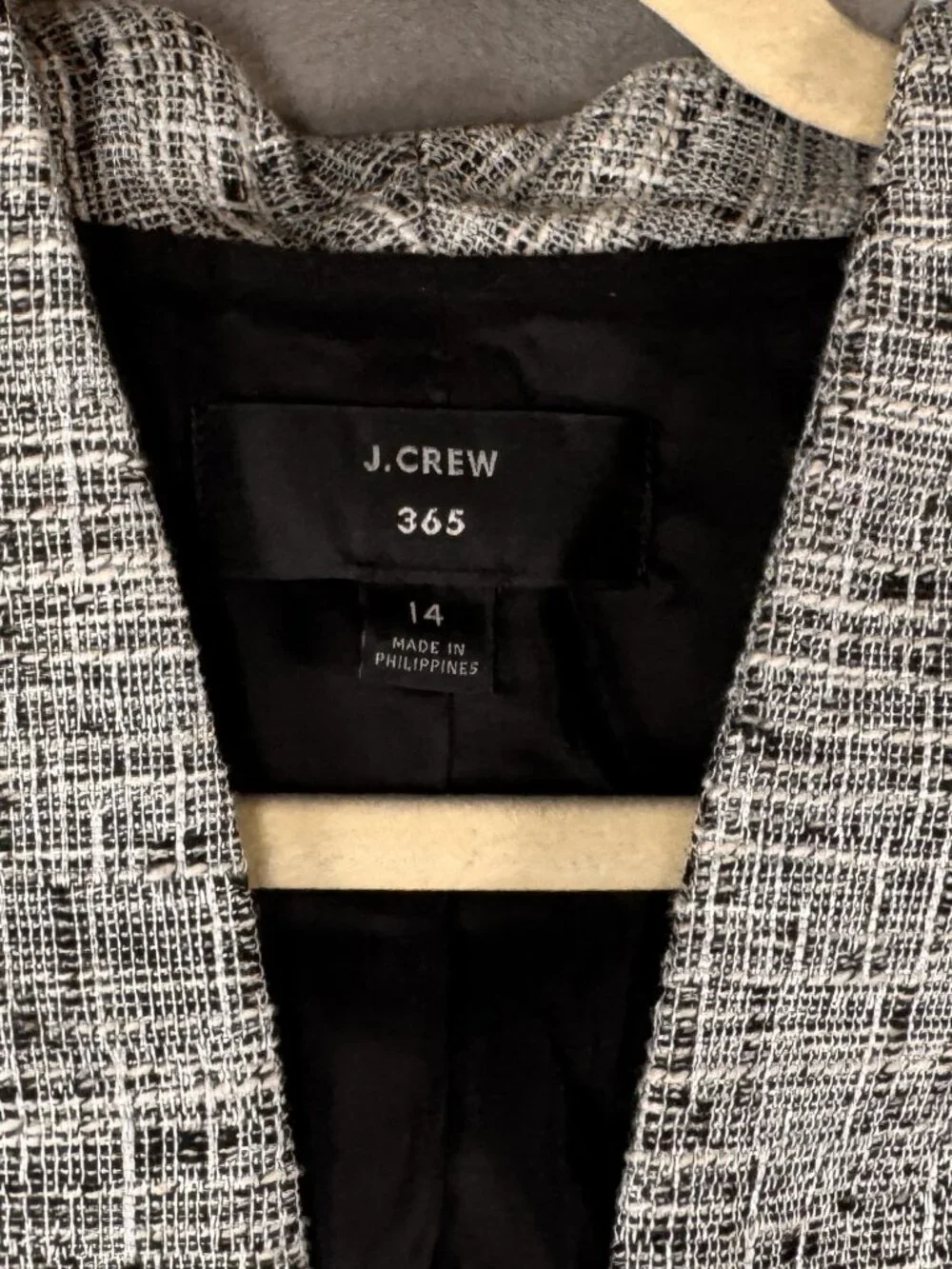 J Crew 365 Blazer W 14 Open Front Lined Blazer Preppy Black White Tweed Career